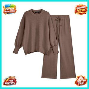 Oversized Knit Sweater Pullover Wide Leg Pants Lounge Set 2 Piece